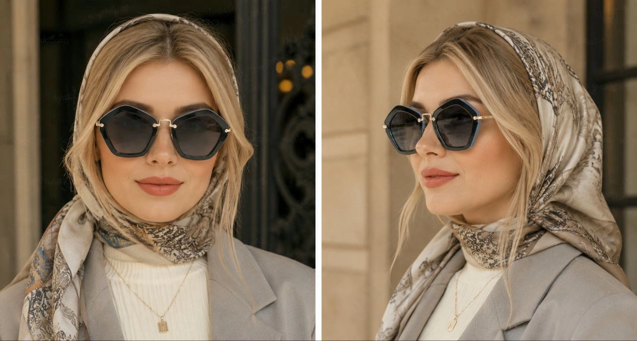 عینک آفتابی زنانه  پنج‌ضلعی AOLISE دورنگ آبی با روکش مشکی | کد DAL9042