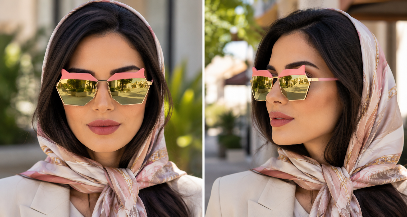 عینک آفتابی زنانه چندضلعی فشن الهام‌گرفته از گوچی GUCCI فریم صورتی با عدسی طلایی آینه‌ای | مدل 8688