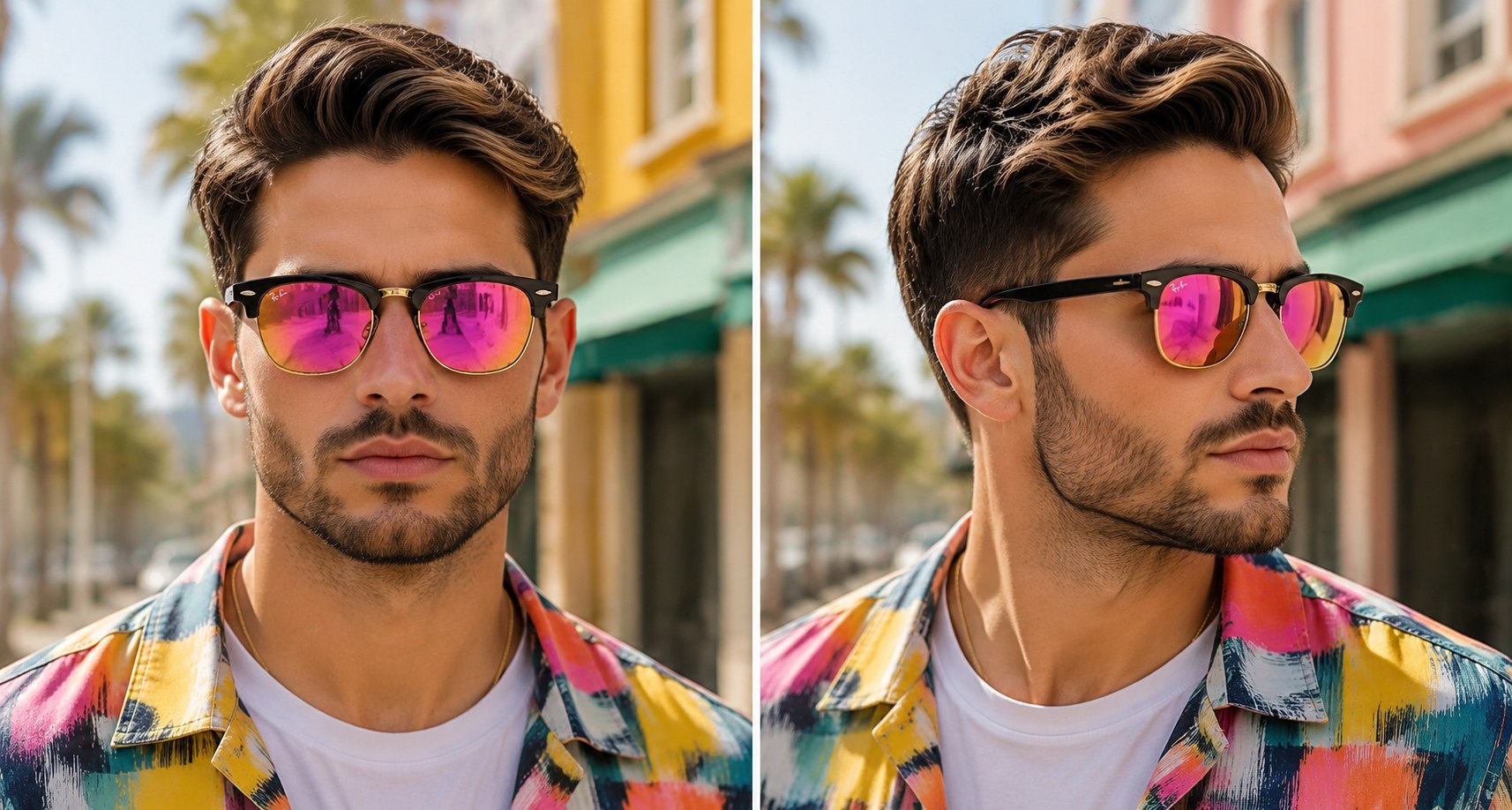 عینک آفتابی کلابمستر مسترکوالیتی ری‌بن RayBan فریم قهوه ای، عدسی صورتی-بنفش آینه‌ای | کد RB3016