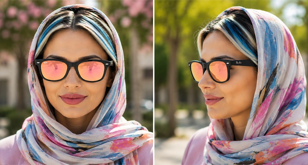 عینک آفتابی ویفرر مسترکوالیتی ری‌بن RayBan فریم مشکی براق، عدسی آینه‌ای صورتی| کد RB2140-A
