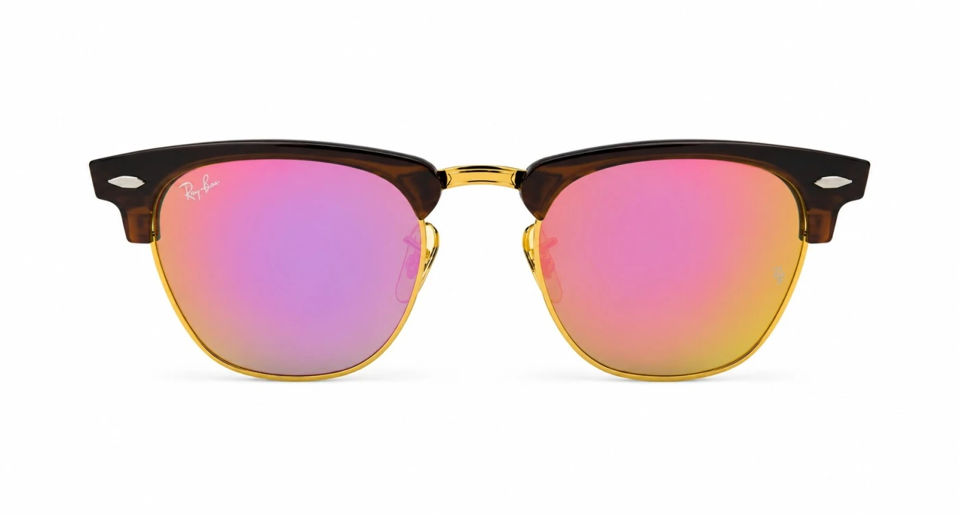عینک آفتابی کلابمستر مسترکوالیتی ری‌بن RayBan فریم قهوه ای، عدسی صورتی-بنفش آینه‌ای | کد RB3016