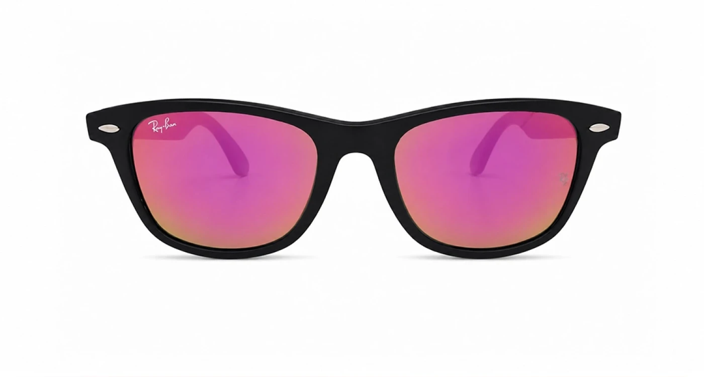 عینک آفتابی ویفرر مسترکوالیتی ری‌بن RayBan فریم مشکی مات، عدسی آینه‌ای صورتی بنفش | کد RB2140-A